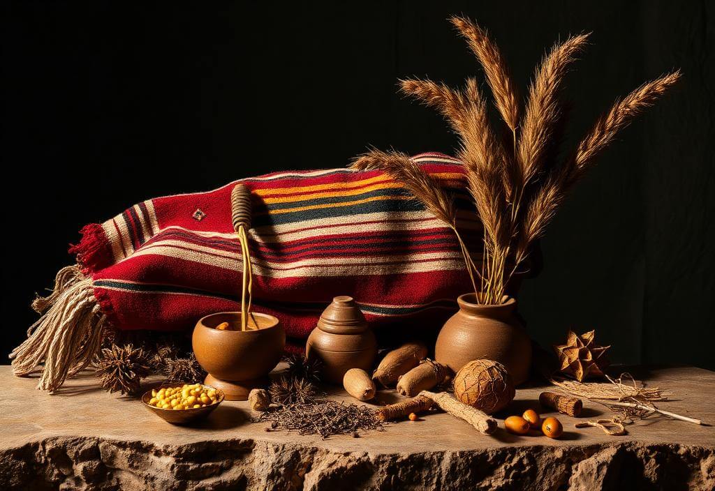Editorial still life of Andean textiles and botanicals