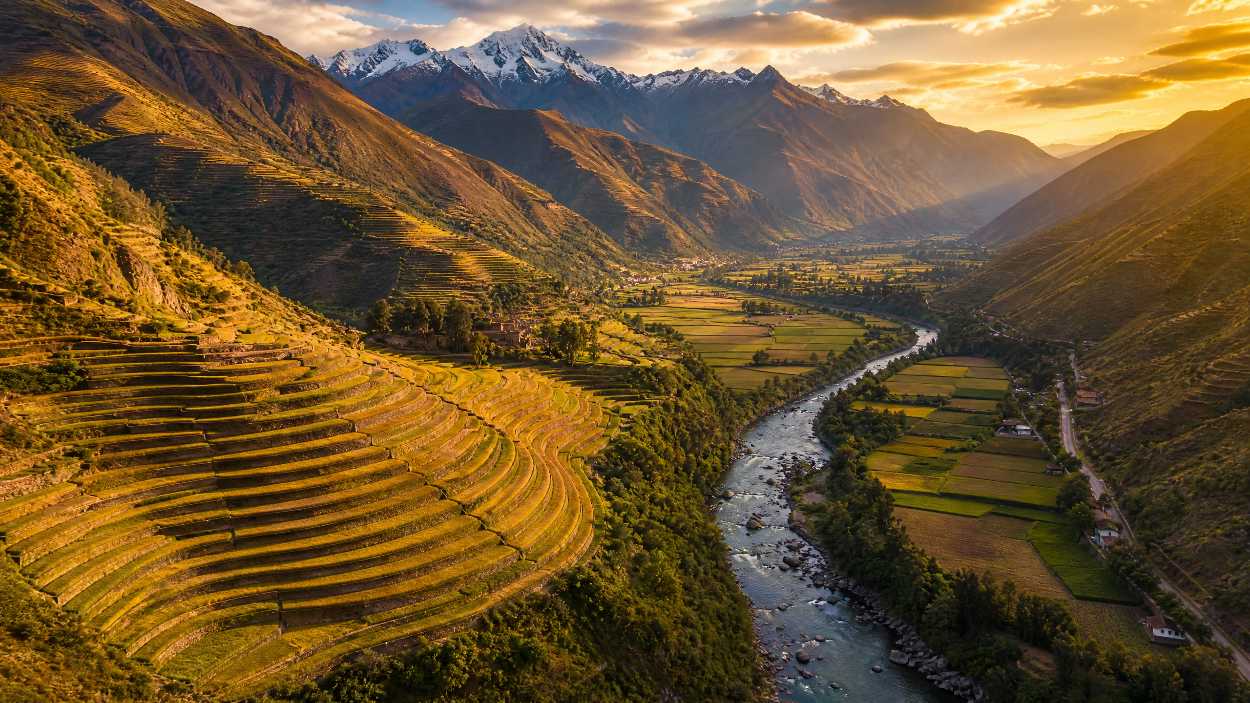 Terrazze agricole della Valle Sacra degli Inca al tramonto, con il fiume che serpeggia a valle
