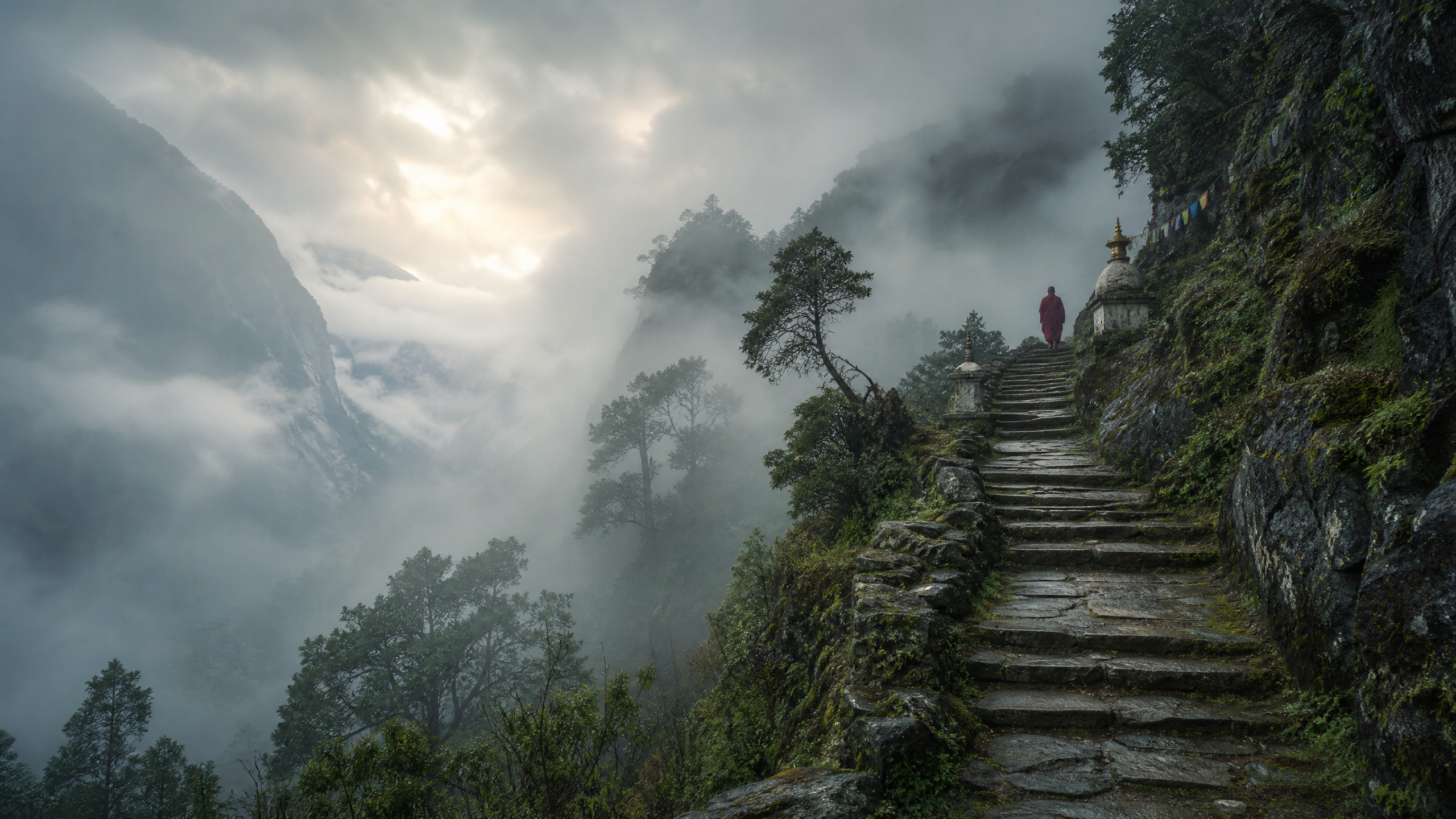 Figura solitaria che sale una scalinata di pietra avvolta nella nebbia tra la vegetazione di montagna